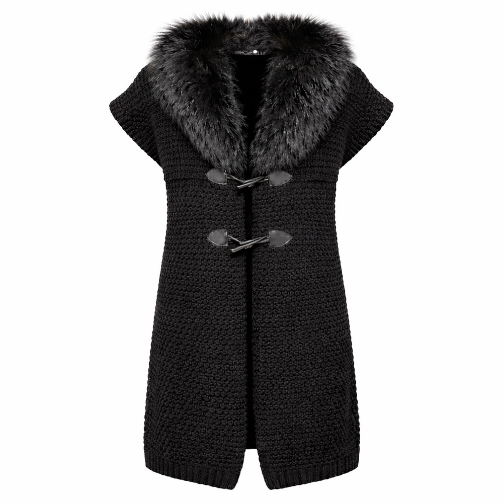 Rino & Pelle Elegant Black Women's Sweater Vest with Fox Fur Collar Size M